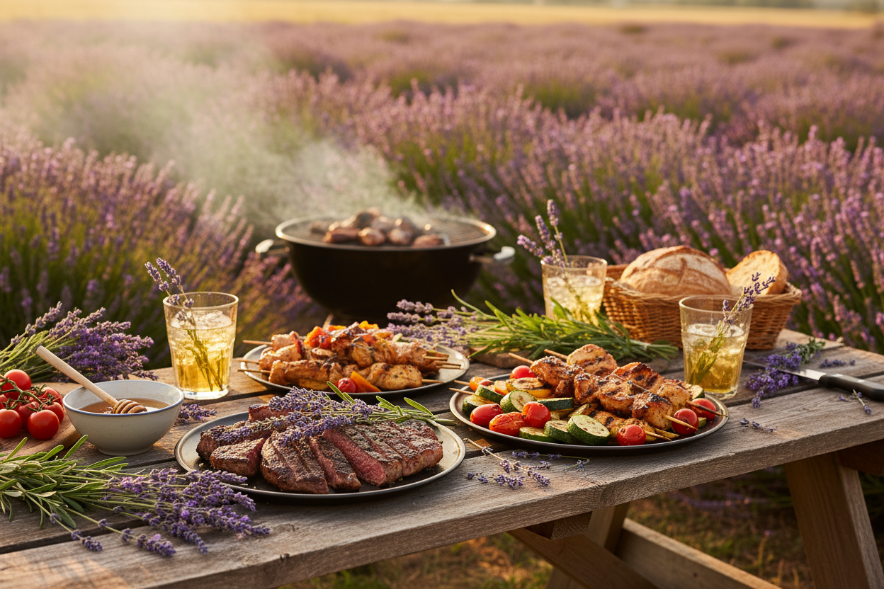 bbq in a lavender field with table set various foods grilled on plates at the table